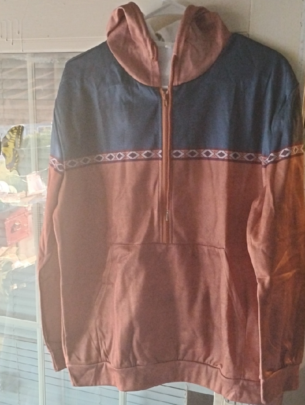 Men's Two-Tone Half-Zip Hoodie Sweater - Rust and Navy